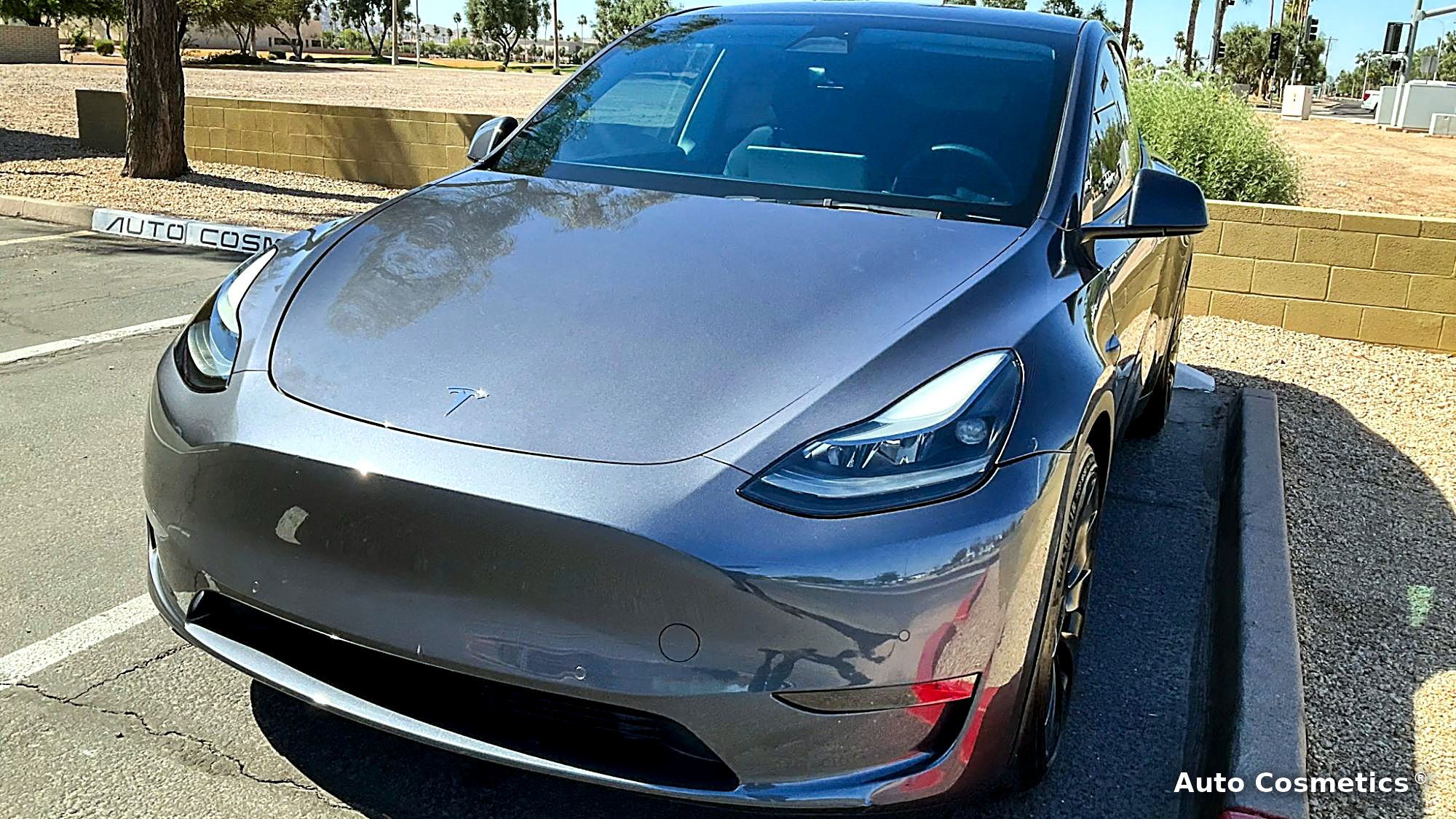 Gray Tesla Model Y with paint protection film at Auto Cosmetics in Chandler, Arizona
